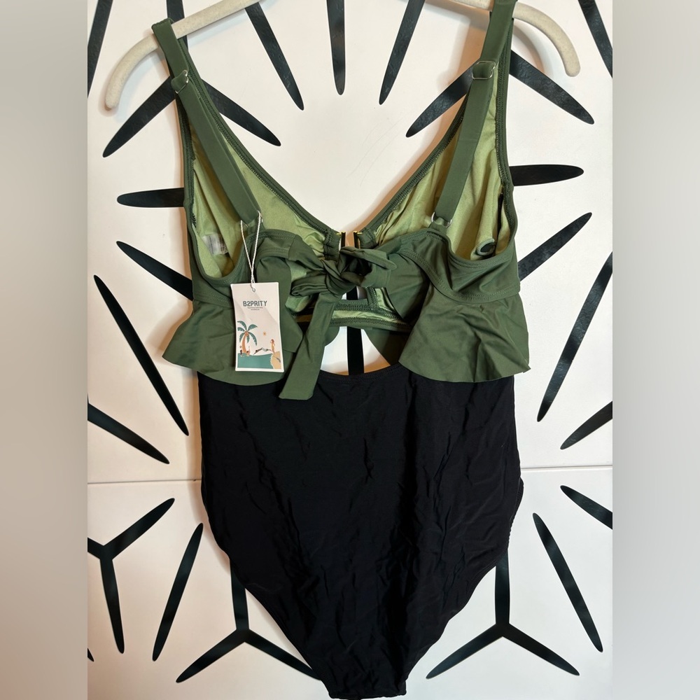 NWT B2prity Tummy Control One-Piece Ruffled Swimsuit Army Green & Black Size M - Picture 3 of 10